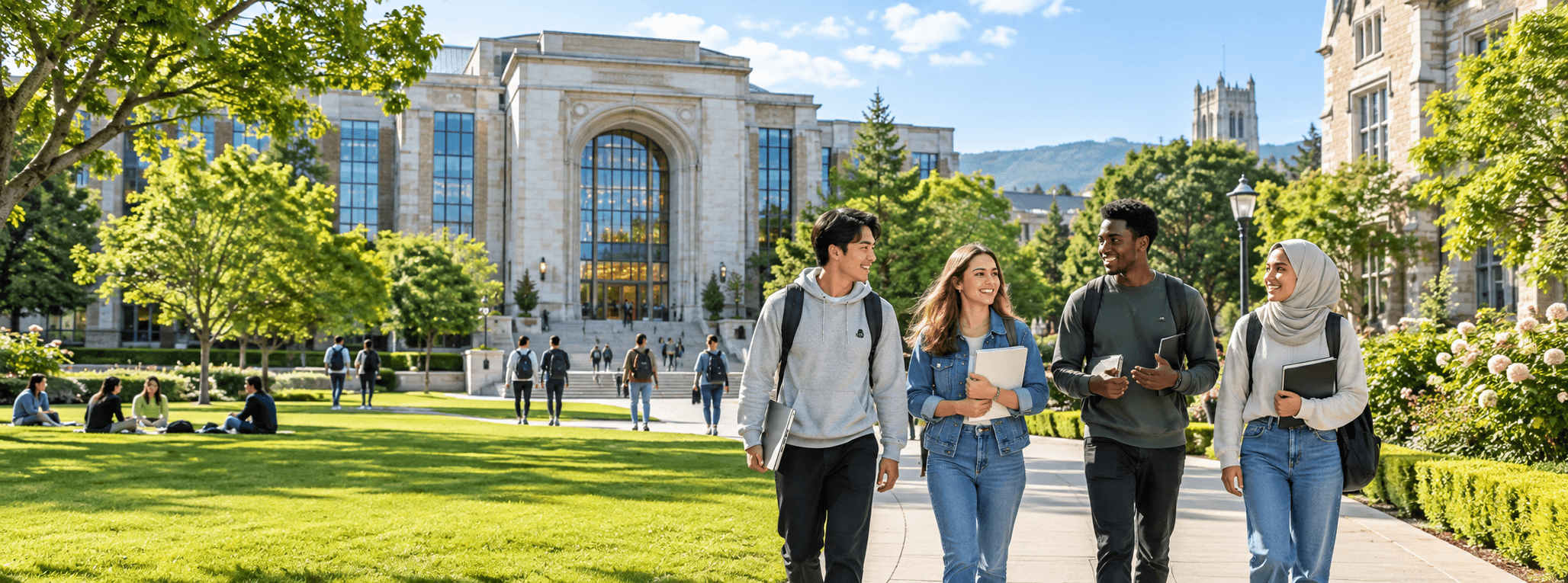 Students walking across a modern university campus